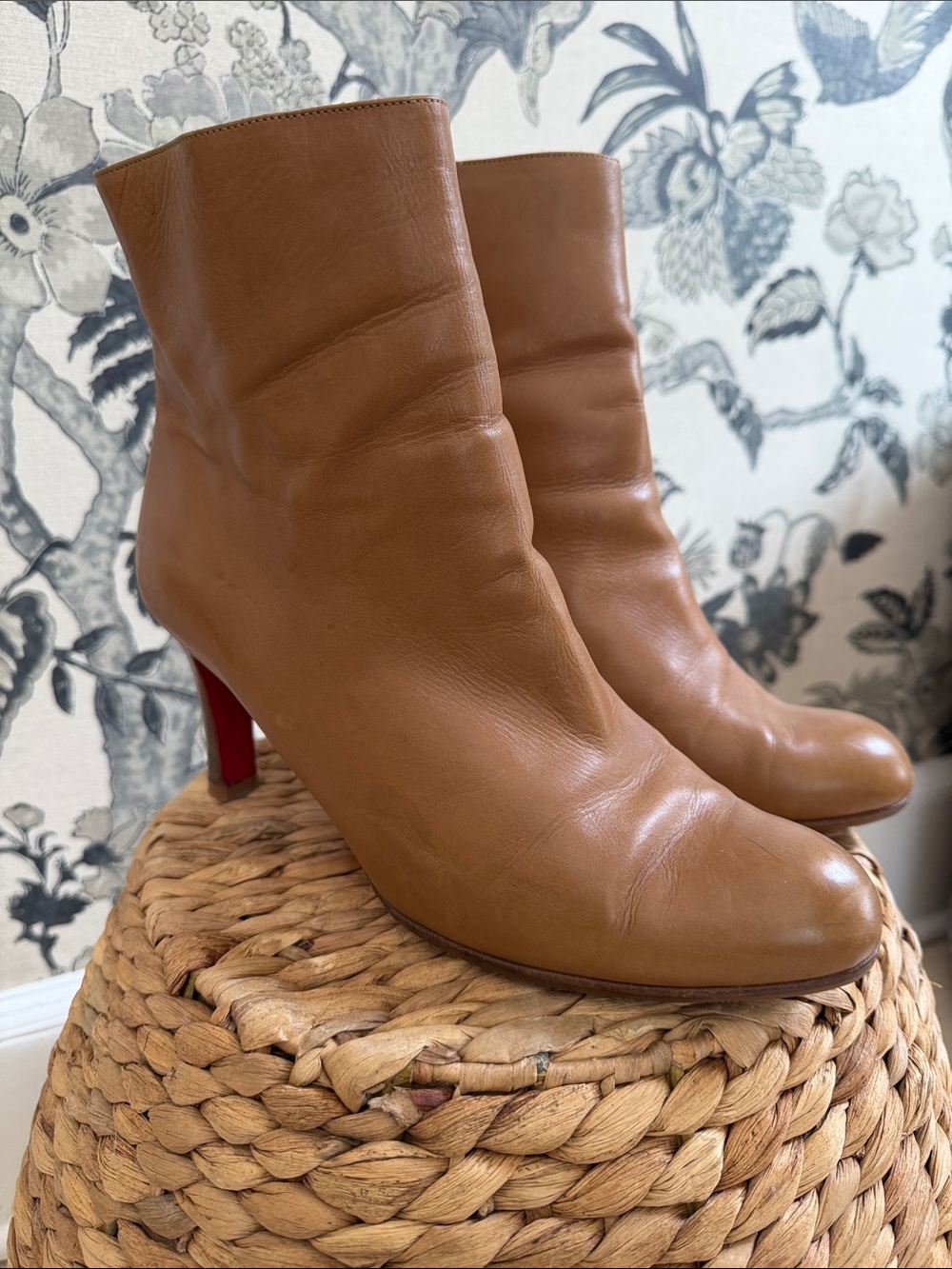 Christian Louboutin Women’s Leather Ankle Boots in Cognac with Red bottom